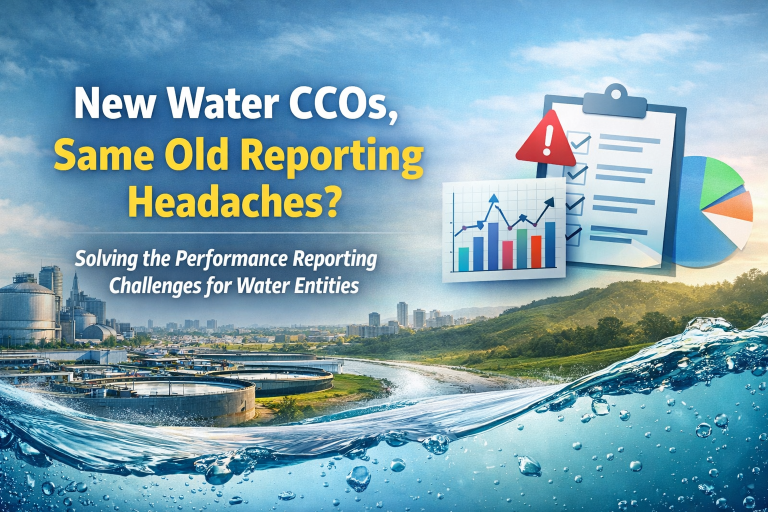Banner image showing a water treatment facility and flowing water in the foreground, overlaid with charts, a checklist, and warning icons, illustrating the corporate reporting and performance challenges facing newly formed water council‑controlled organisations.