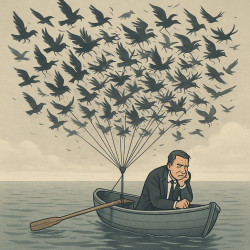A middle-aged civic leader stands on a small boat, gently guiding a chaotic flock of tethered birds in flight, symbolising efforts to restore alignment and direction.