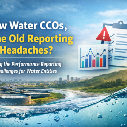 Banner image showing a water treatment facility and flowing water in the foreground, overlaid with charts, a checklist, and warning icons, illustrating the corporate reporting and performance challenges facing newly formed water council‑controlled organisations.